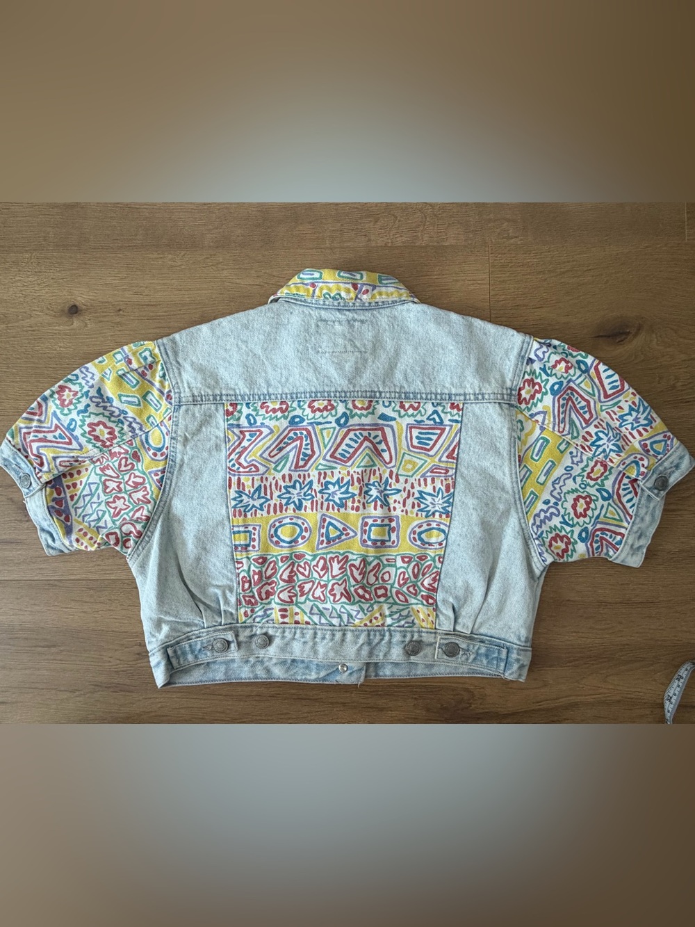 Jordache Light Wash Denim Crop Jacket with Yellow, Pink, Green & Blue Print - Picture 15 of 16